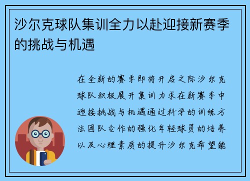 沙尔克球队集训全力以赴迎接新赛季的挑战与机遇