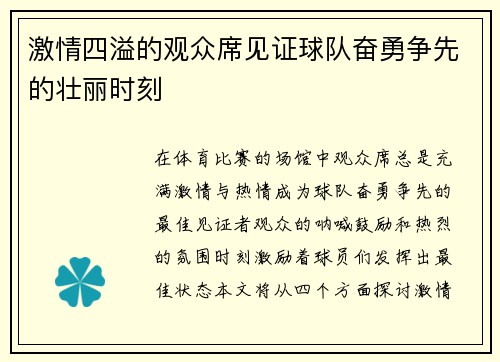 激情四溢的观众席见证球队奋勇争先的壮丽时刻